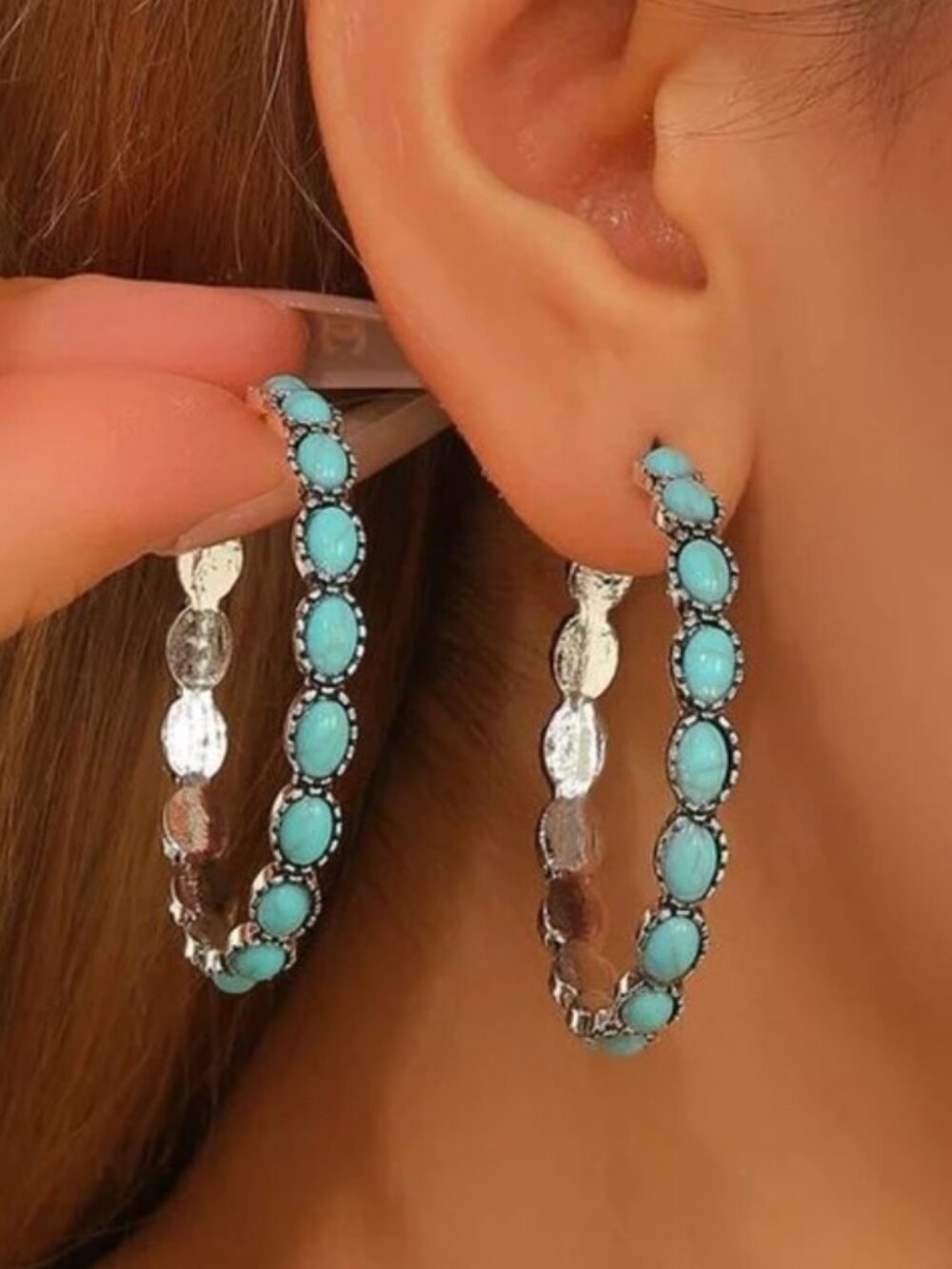 Turquoise Stone Hoop Earrings